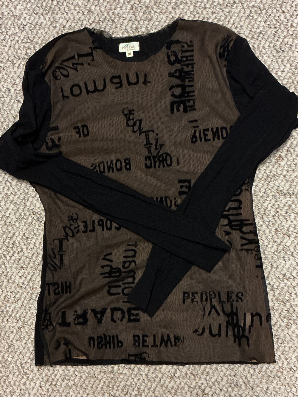 Petit Pois Vintage-Inspired Black & Brown Graphic Mesh Top. Size XL